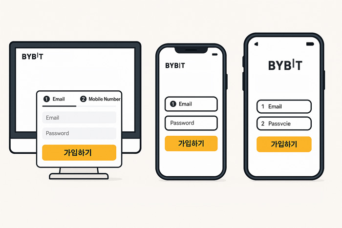 바이비트 회원가입 방법 비교 일러스트, PC 웹, 모바일 웹, 모바일 앱 가입 화면을 나란히 보여주는 이미지
