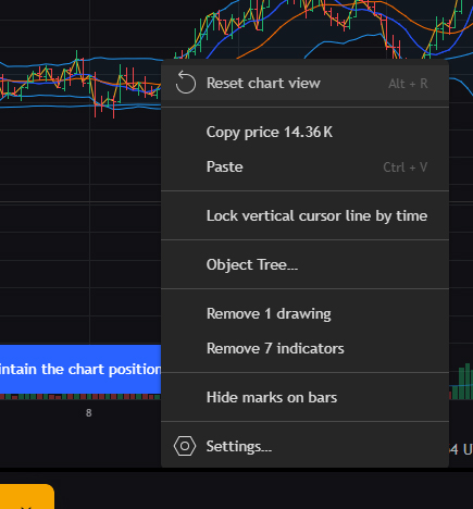 바이비트 트레이딩뷰 차트 초기화 메뉴 화면, Reset chart view와 Remove indicators 옵션이 표시된 모습
