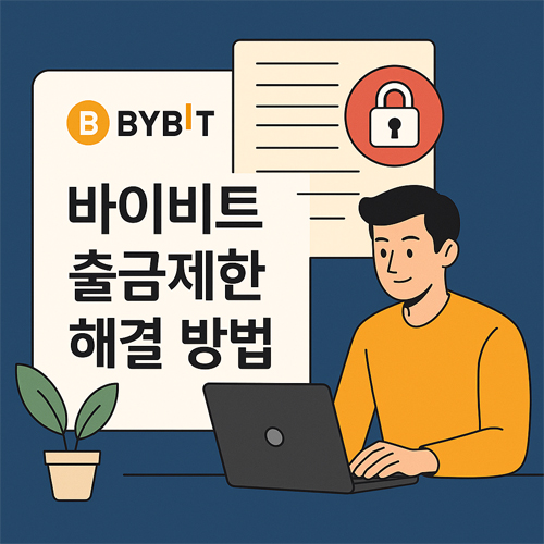 바이비트 출금제한 해결 방법을 설명하는 일러스트. 노트북 앞에서 출금 문제를 해결 중인 사용자 모습과 자물쇠 아이콘이 함께 등장함.