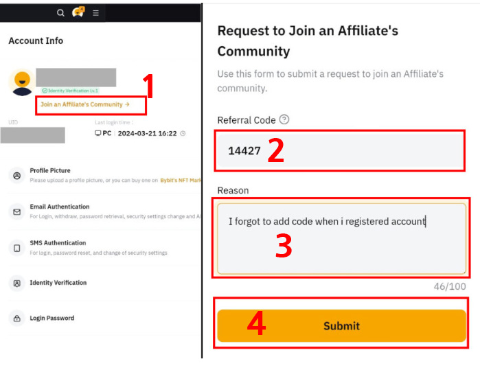 Bybit 계정 설정 화면에서 Join an Affiliate's Community 선택 후 Referral Code 14427을 입력해 추천인 코드 추가를 요청하는 단계별 화면.