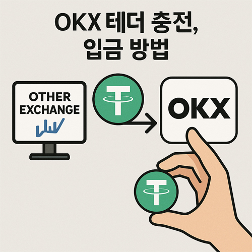 다른 거래소에서 테더(USDT)를 OKX 거래소로 송금하는 과정을 설명하는 인포그래픽 이미지