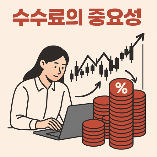 "수수료의 중요성"이라는 문구와 함께 노트북 앞에 앉아 거래하는 여성, 퍼센트 기호가 새겨진 빨간 동전 더미, 그리고 캔들 차트가 배경에 있는 일러스트