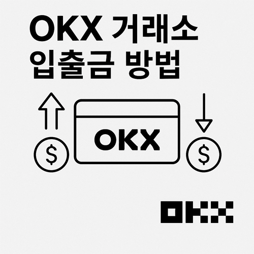 OKX 거래소 입출금 방법, 입금과 출금을 상징하는 화살표 아이콘과 OKX 로고 일러스트