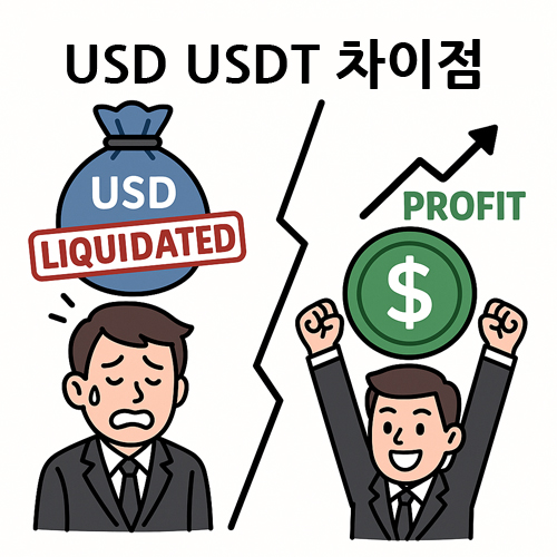 USD와 USDT 차이점을 설명하는 만화 인포그래픽. USD 쪽은 청산(Liquidated)으로 슬퍼하는 인물, USDT 쪽은 수익(Profit)으로 기뻐하는 인물이 그려져 있다.