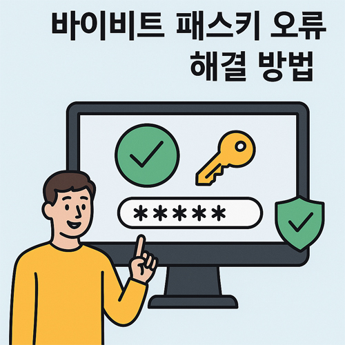 바이비트 패스키 오류 해결 방법을 나타내는 일러스트, 컴퓨터 화면에 체크 표시와 키 아이콘이 표시되고 캐릭터가 설명하는 장면