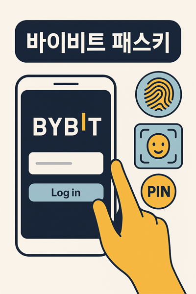 바이비트 패스키 로그인 화면 일러스트, 지문·얼굴·PIN 아이콘으로 생체 인증을 표현
