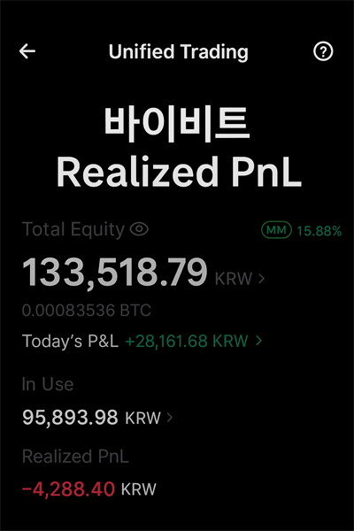 바이비트 거래소 실현 손익(Realized PnL) 표시 화면 예시