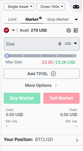비트멕스 Market 주문창 화면 – 즉시 매수·매도 가능