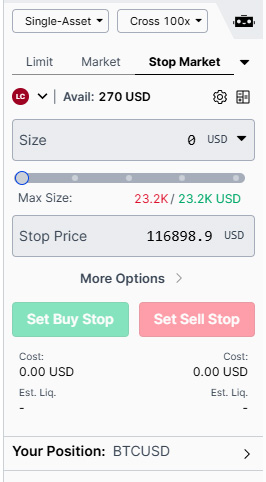 Stop Market 주문창 화면 – 지정한 스탑 가격 도달 시 자동 매수·매도 설정 가능
