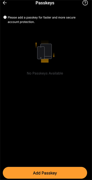 바이비트 앱 패스키 설정 화면, ‘No Passkeys Available’ 문구와 함께 하단에 Add Passkey 버튼이 표시됨.