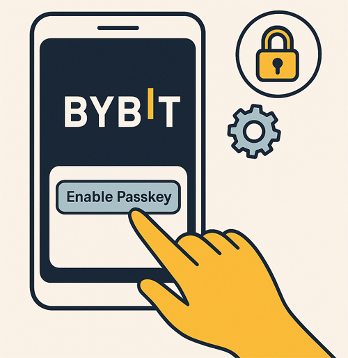 바이비트 패스키 설정 방법을 안내하는 일러스트, 스마트폰에서 Enable Passkey 버튼을 누르는 모습