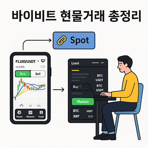 바이비트 현물거래 총정리 일러스트, 차트와 매수/매도 버튼을 활용한 트레이딩 모습
