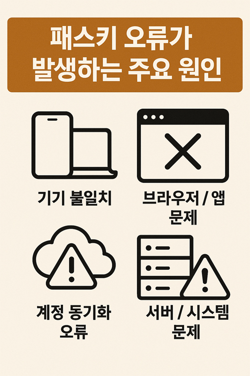 패스키 오류가 발생하는 주요 원인을 설명하는 인포그래픽, 기기 불일치·브라우저 앱 문제·계정 동기화 오류·서버 시스템 문제 아이콘 포함