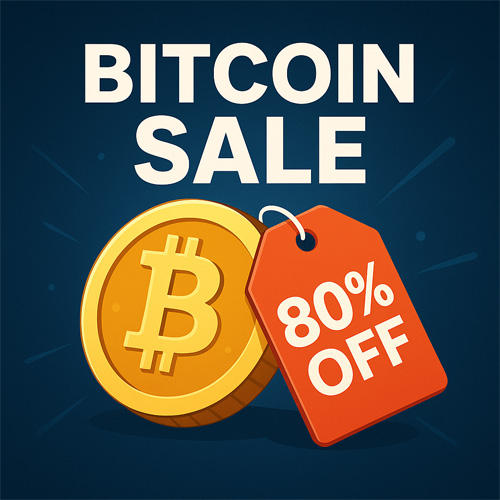 비트코인 80% 세일 프로모션 포스터, 황금색 비트코인과 빨간 80% 할인 태그