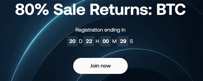 OKX 80% 세일 리턴 비트코인(BTC) 이벤트 프로모션 배너, 남은 등록 기간과 Join now 버튼 표시